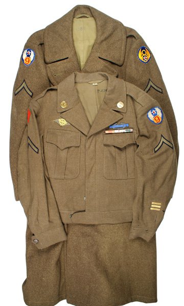 U.S. WWII Ike jacket tunic: F-056 U.S. WWII "Ike" jacket. "1944" label in pocket. Both "US" and winged prop collar discs. Embroidered 9th AAF and 5th Division patches. Sterling Combat Rifleman's Badge and 3-ribbon bar (European 
