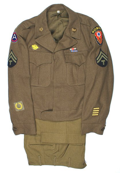 U.S. WWII 3rd Army Engineer Ike jacket: F-058 U.S. WWII 3rd Army Engineer's "Ike" jacket. "US" and castle collar discs, "Ruptured Duck", 3rd Army patch, ETO with "ADSEC" flash, Tech 5 chevrons, Meritorious Service Unit badge, four o'seas ba