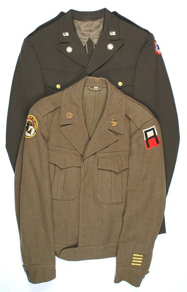 Lot of 2 U.S. WWII tunics: F-061 Lot of 2 U.S. WWII tunics. (1) Transport officer's "walking out" dress tunic. 4-pocket dark O.D. quality material with gilt eagle buttons. "US" and winged wheel lapel insignia. 1st Lt. bars on e