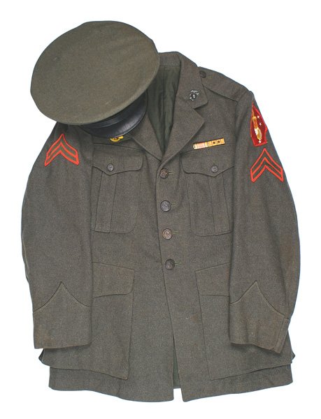 USMC tunic and cap Marines: F-078 USMC tunic and cap: Four pocket wool tunic with EGA lapel insignia, Corporal chevrons, 2nd Marine Division shoulder "patch", "Ruptured Duck" and two ribbon bars (Pacific Theatre with two stars a