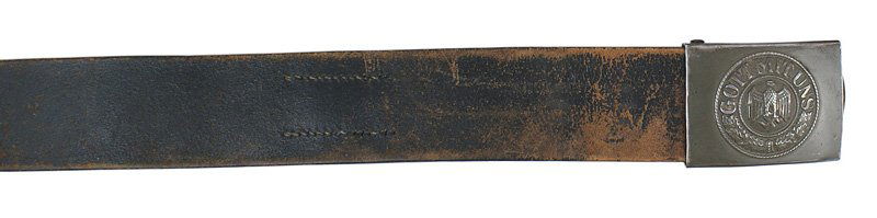 German WWII Army EM belt and buckle: F-110 German WWII Army EM brown leather belt and buckle. 85% of the original early green finish. High relief Armed forces eagle/swastika, "GOTT MIT UNS" and oak leaves. Belt is marked "M". Size 41. Sh