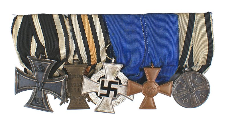 German WWI 5 medal bar Iron Cross Nazi etc: B-006 German WWI Five-medal bar: (1) 1914 Iron Cross 2nd Class. (2) 1914-1918 Combatant's Cross. (3) Nazi Loyalty Cross. (4) Prussian 15-yr. Service Cross. (5) Finland 1918 War Medal. II