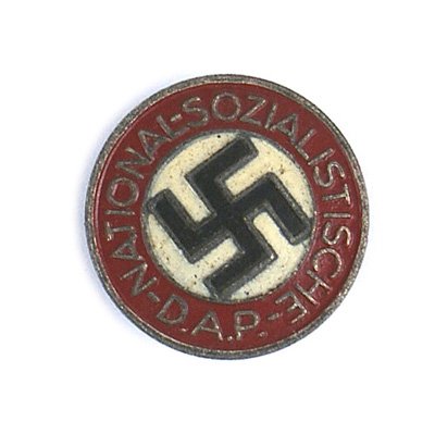 German WWII NSDAP members badge: B-018 German WWII N.S.D.A.P. member's badge. Painted type lapel buttonhole variety. Reverse marked "RZM" and "M1/14". II