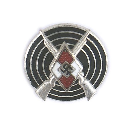 German WWII Hitler Youth Marksman Badge Silver: B-041 German WWII Hitler Youth Marksman's Badge - Silver. Enameled HJ diamond/swastika/crossed rifles mounted on a black enamel target. Marked "RZM M1/77". II+