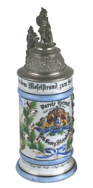Bavarian 8th Infantry Regimental stein: G-001 Bavarian 8th Infantry Regimental porcelain stein. State coat-of-arms with gilt highlights and name of "Res. Georg Steinbichler" within a gold highlighted high relief oak leaf wreath. Also scenes