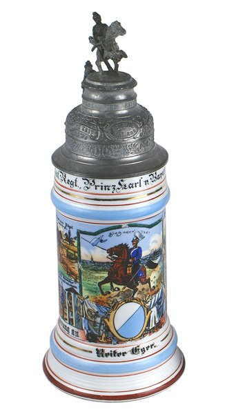 Bavarian 1st Heavy Rider Regiment stein: G-003 Bavarian 1st Heavy Rider Regiment "Prinz Karl v. Bayern 1. Esc. 1906/09 Munchen". Porcelain with colorful views of a mounted galloping Cavalry man and four scenes of camp and field life. Named t