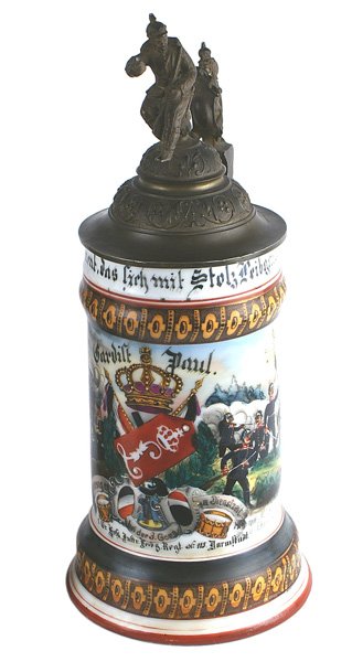 Hessian 115th Infantry Life Guard stein: G-005 Hessian 115th Infantry Life Guard Regimental porcelain stein. Colorful scenes of soldiers in battle, camp life, crowned epaulette with a cipher "L" and military motifs. Named to "Gardist Paul". 