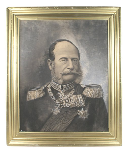 Charcoal portrait Prussian Kaiser Wilhelm I: G-032 Charcoal portrait of Prussian Kaiser Wilhelm I. Very well done likeness of the monarch in military uniform wearing his major decorations. Mounted in a gilt wood frame. Appears to be a period pie