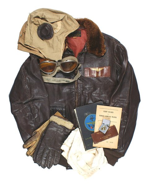Lot of U.S. WWII Navy Pilot E. E. Stegall: S-008 Lot of WWII Navy Pilot E. E. Stegall. Included are: (1) Leather pilot's jacket with fur collar (shows some wear). Cuffs, and waist band are in good condition and jacket is supple. Leather name t