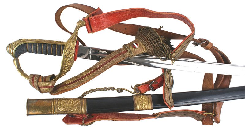 Austrian Republic State Official sword: D-025 Austrian Republic Period State Official's dress sword. Quality gilt brass pierced floral decorated guard and backstrap. Gilt wire wrapped sharksin grip. Excellent 30 1/4" slightly curved nickele