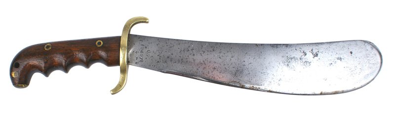 M1904 Hospital Corps knife: D-047 M1904 Hospital Corps knife. Walnut handle with finger grooves. Brass "S" crossguard. 12" rounded heavy clean blade. Shows some minor wear and light patches on the blade. Marked "US 19397" and "S