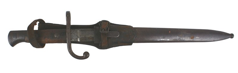 Belgian M1889 bayonet: D-066 Belgian M1889 bayonet. Wood grips with a steel pommel and crossguard with a turned-down quillon. 9 3/4" blade is gray with some dark spots. Marked with a crowned proof. Steel scabbard with the o