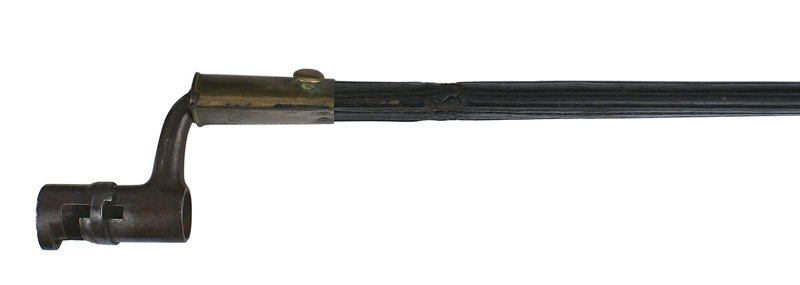 British socket bayonet: D-067 British socket bayonet. 17 5/8" gray blade marked "90". Elbow is stamped "II" and a "G". 2 5/8" large bore socket with a locking ring (marked "W"). Leather scabbard with a brass throat/frog and 