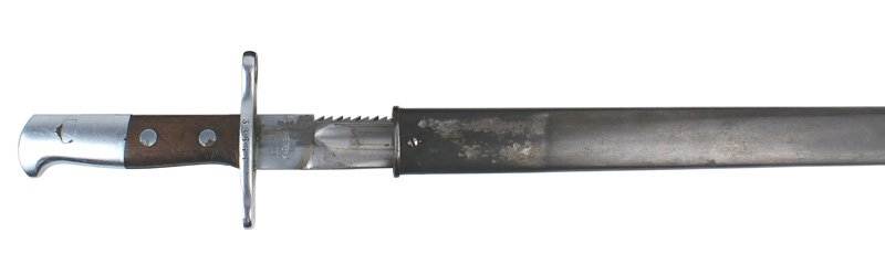 Swiss M1911 Schmidt-Rubin Engineer bayonet: D-076 Swiss M1911 Schmidt-Rubin Engineer bayonet. Clean steel pommel and crossguard (numbered "38553"). With wood grips. Excellent 19" blade with a serrated spine. Marked "WAFFENFABRIK NEUHAUSEN". Bla