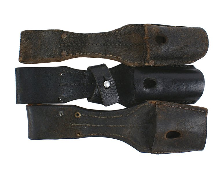Lot of 3 German WWII K98 bayonet frogs: D-079 Lot of 3 K98 bayonet frogs. One is dated "1938", one is unmarked and the third has a retaining strap, is maker marked and is stamped "M", indicating Navy use. Overall II-