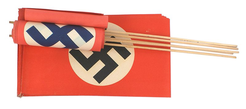 Lot of German WWII Third Reich paper flags: H-079 Lot of German WWII Third Reich paper flags: (1) Five 8" x 11 1/2" parade flags. All on the original wood dowels. (2) String of ten 5" x 9" paper flags. Used as room and window decorations. I