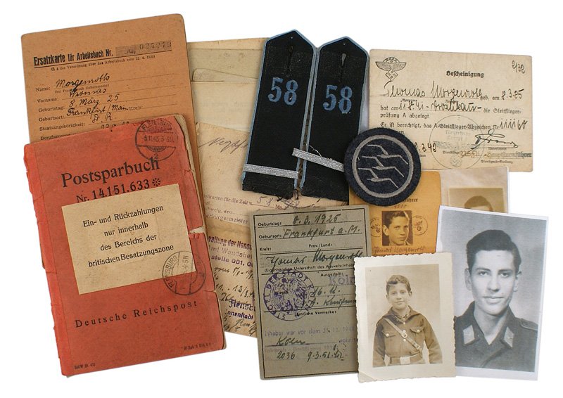 German WWII Youth Corps lot shoulder boards etc: H-090 Lot of material related to a member of the German WWII Youth Corps who served in the Luftwaffe and eventually became a U.S. citizen. Included are: (1) Pair of HJ shoulder boards (black with embr