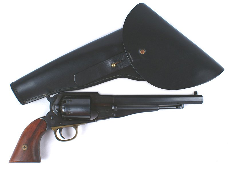 Remington Army model black powder pistol: M-018 Remington Army model black powder percussion pistol. Barrel marked "CONNECTICUT VALLEY ARMS INC". 100% blue finish. Hardwood grips. Excellent condition. With a reproduction black leather holster