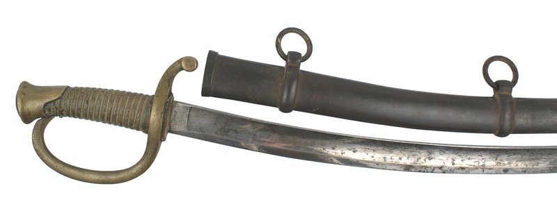 U.S. M1840 Light Artillery saber sword: K-014 M1840 Light Artillery saber. Brass pommel and reverse "D" knuckle-bow/guard. Twisted brass wire missing from the leather grip. Clean 32" curved blade is marked "U.S. - J. H.- 1862". Reverse mark