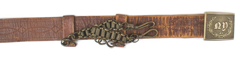 New York State post Civil War belt and buckle: K-056 New York State brass post CW belt and buckle. Slightly convex buckle has relief "NY" in script within an oak/laurel leaf wreath on a pebbled background. Tooled brown leather belt shows wear and 