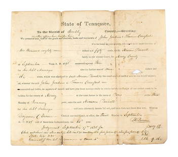 State of Tennessee 1838 legal slave document: K-087 State of Tennessee 1838 legal document notifying the Sheriff of Weakley County of a judgment found in favor of one Hinson Purnell against John Jenkins and Thomas Crawford. An added written note