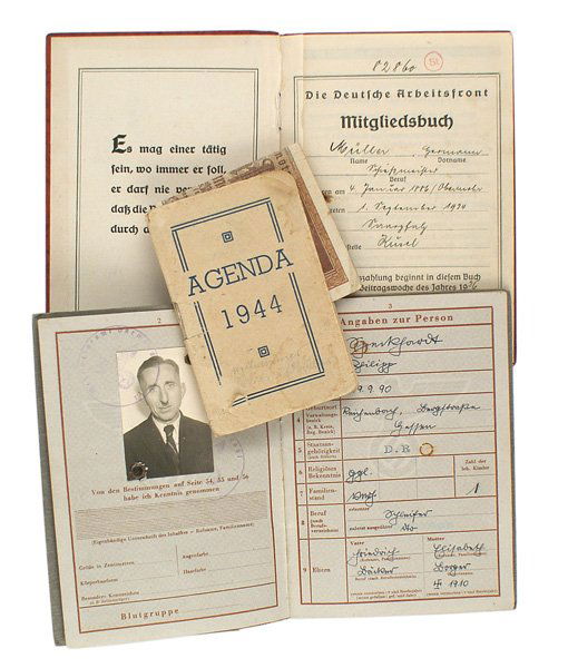 German WWII Wehrpass DAF Book etc: Q-009 Miscellaneous lot: (1) Wehrpass for an individual who served with 99th Infantry Regiment in WWI and in 1942 was assigned for training at an artillery school. WWI awards included both Iron Crosse