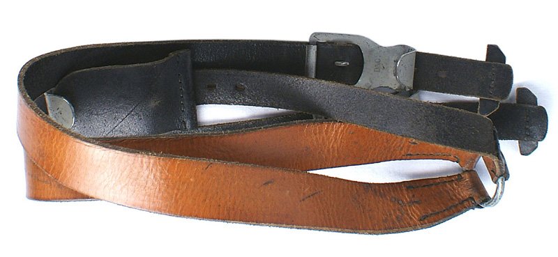 German WWII Cavalry Y straps: N-004 German WWII Cavalry black leather "Y" straps. Stamped with maker's logo "KOLN 1941". With metal buckle hook. II