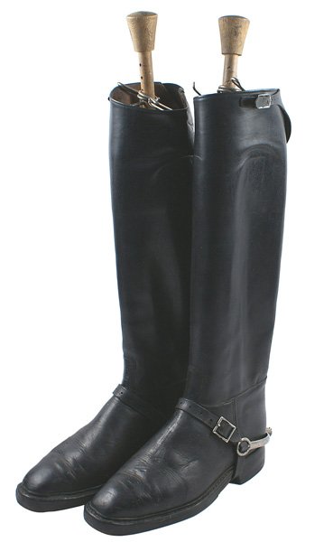 German WWII officer leather boots: N-023 German WWII officer's leather boots with extremely tall 19" shafts. With attached spurs. Leather soles with taps and period "continental" rubber heels. Approximate size 10 1/2. With original woo