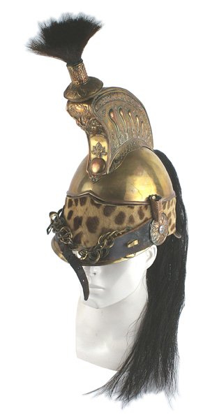 French Dragoon Helmet circa 1850: E-029 French Dragoon Helmet - circa 1850. Brass body with a copper-gilt comb profusely decorated with relief volutes and floral leaves. Front bears a "Head of Medusa" and a flaming grenade. A floral d