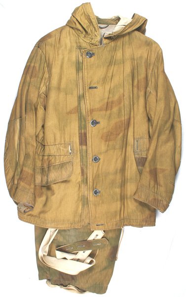 German WWII Army padded camo jacket: F-015 German WWII Army padded camouflage jacket and pants. Jacket has a six metal button front and two "flap" pockets. Attached camouflage hood. Trousers have more pronounced green/brown splotches and