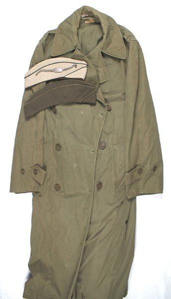 U.S. WWII W.A.C. uniform grouping: F-072 U.S. WWII W.A.C. grouping: (1) W.A.C. OD raincoat/overcoat with belt - named to SARA TOWNSEND" (2) OD Officers o'seas cap marked "TOWNSEND 43". Maker - "KNOX". (3) Sterling silver bracelet engra