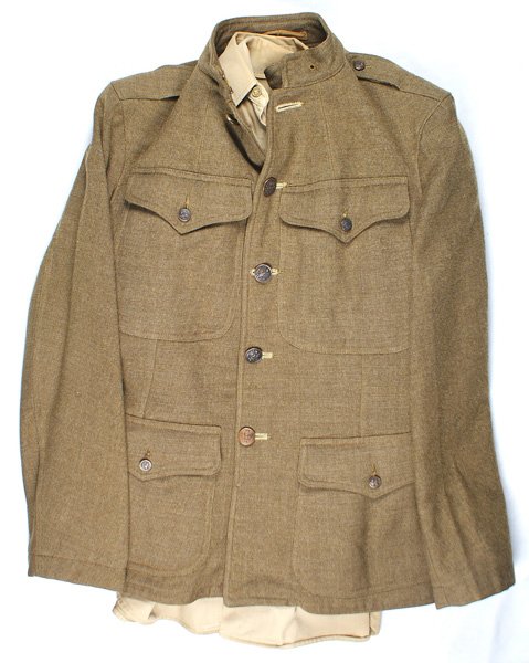 U.S. clothing WWI doughboy tunic WWII etc: F-084 U.S. clothing lot: (1) WWI "doughboy" tunic. 4-pocket wool type. No insignia. (2) WWII Army tan shirt. 2nd Army, Army Service Forces, and a Meritorious Service Unit insignia.. (3) Same - with Ar