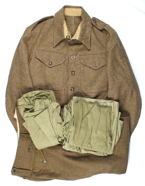 Canadian WWII tunic shorts shirt etc: F-091 Lot of Canadian WWII items: (1) 2-pocket O.D. wool waist length tunic. Dated "1942". Unissued. With O.D. wool trousers dated "1945". Unissued. (2) Two sets of sports O.D. shorts and sleeveless T