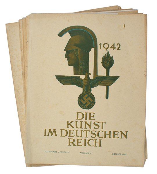 Lot of 9 German WWII DIE KUNST REICH: I-031 Lot of 9 different 1942 issues of "DIE KUNST IM DEUTSCHEN REICH" art/culture magazines. Includes: full color pages of Knights Cross document covers, the Feldherrenhalle, war art, Arno Breker scu
