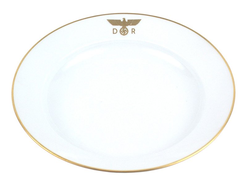 Hermann Goring private train porcelain soup dish: A-030 Hermann Goring private train porcelain table service soup dish. 9 1/2" diameter fine white bone porcelain with a gold leaf eagle/swastika and "DR". Also a gold leaf border. The bottom has the lo