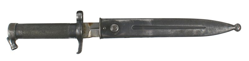 Swedish Mauser M1896 bayonet: D-053 Swedish Mauser M1896. Checkered round steel grip with an unusual screw tightening device at the pommel. Short crossguard with a muzzle ring. 8 1/4" clean steel blade marked with a crowned anchor