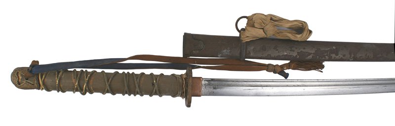 Japanese Army Katana Samurai sword: D-088 Japanese Army Katana - made in the field. OD painted. Leather cord wrapping and wood handle. Army pommel cap with swivel and blue/orange portopee. OD painted shaped, smaller scale brass tsuba. N