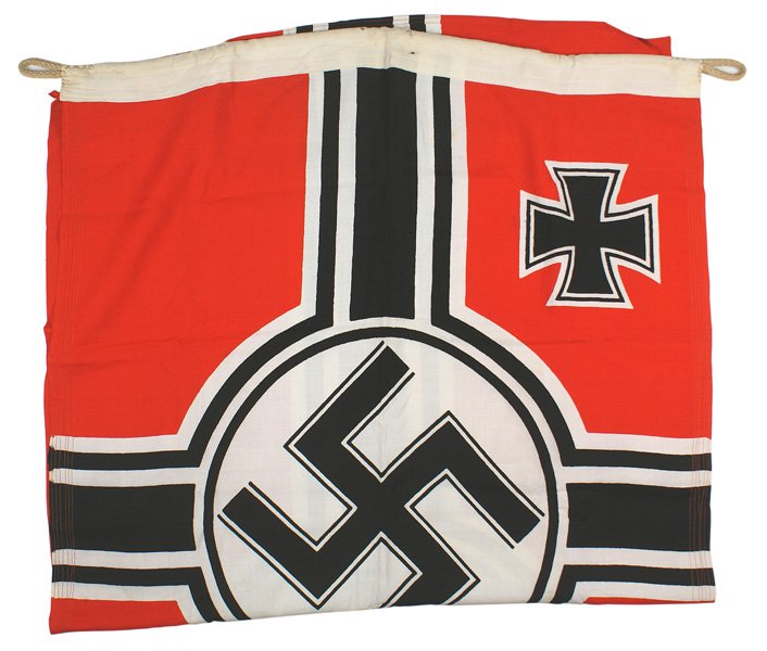 German WWII Military Kriegsflagge flag: H-082 German WWII Military Kriegsflagge. Black swastika within a white circle with white and black stripe dissected panels - all on a red field. Black Iron Cross in upper left corner. Sleeve is stampe
