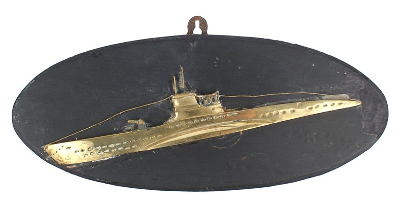 Soviet Russian WWII submarine plaque: H-184 Soviet Russian WWII submarine plaque. 11" brass three-dimensional profile of a submarine - mounted on a 5 1/2" x 13" oval wood plaque. II