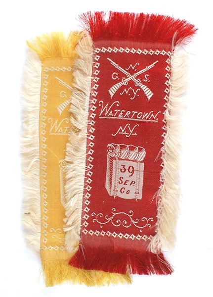 Lot of 2 NY National Guard ribbons: K-085 Lot of 2 NY National Guard embroidered silk ribbon book marks. Crossed rifles with "N.G.S.N.Y." and "Watertown, N.Y.". Also a back pack with bed roll and "39 SEP. CO.". Diamond pattern inner bor