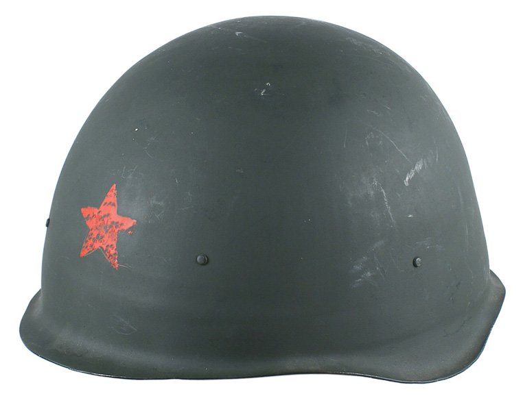 Lot of 2 Soviet post WWII helmet o'seas cap: E-062 Lot of 2 helmets: (1) Soviet post WWII M1940 helmet. Brown leather chinstrap. Three-pad liner. Unissued. (2) Red piped green wool osea's cap. Enameled red star insignia on a black background. Gr