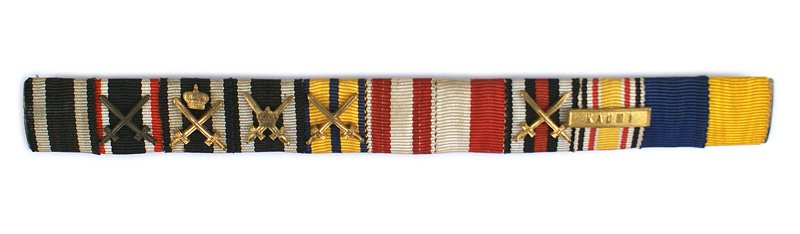 German WWI WWII ribbon bar Iron Cross: B-013 Eleven decorations ribbon bar: 1914-1918 Iron Cross, 1939 War Merit Cross w/ Swords, Prussian Hohenzollern House Order w/ Crown and Swords, same, Schwarzburg Cross of Honor w/Swords, Hamburg Cro