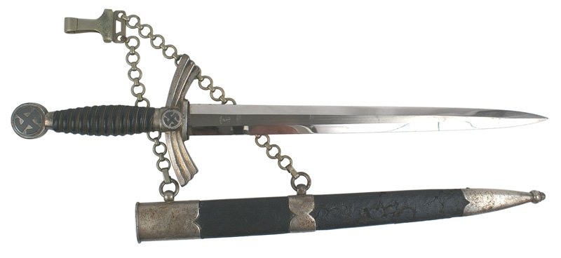 Luftwaffe 1st Model dress dagger: D-009 German WWII Luftwaffe 1st Model dress dagger. Darkened sunwheel swastika on pommel and center of turned-down winged crossguard. Wire wrapped blue leather grip. Excellent 12 1/8" blade has the or