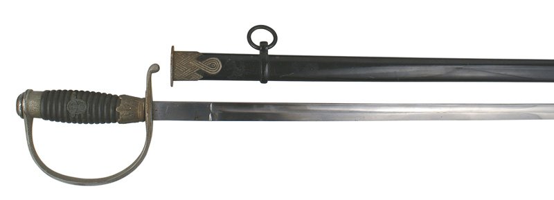 German WWII Police EM sword: D-040 Third-Reich Police EM sword. Nickled pommel "D" guard and ferrule show some age spotting. Police eagle/swastika insignia in the ribbed wood grip (has two splits). Clean 33 3/8" blade is marked w