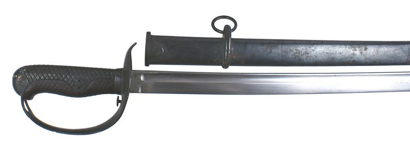 Japanese WWII Cavalry sword: D-045 Japanese WWII Cavalry sword. 95% blue finish on checkered steel backstrap/pommel/knuckle-bow and guard. Checkered wood grip, 30 1/2" excellent blade stamped with the serial number "81863". Most 