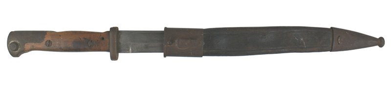 German Seitengewehr M1884/98: D-050 German Seitengewehr M1884/98. Plain wood grips with a steel pommel and short ringless crossguard. Stamped "...R.5.94". 10" darkened gray blade is maker marked "WEYERSBERG KIRSCHBAUM & CO - SOLIN