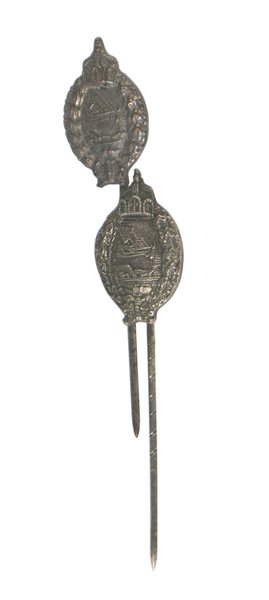 German WWI Prussian Pilot stick pins: S-069 Lot of 2 German WWI Prussian pilot silvered stick pin. Two different types of the Prussian Land Pilot Badge. Both have spiral pins and have dark age patinas. II