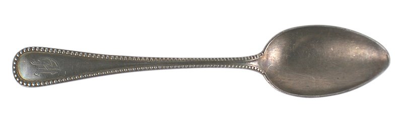 Adolf Hitler personal service tea spoon: A-006 Adolf Hitler silvered 5 5/8" tea spoon - "Dot" pattern border on handle. Engraved with the "AH" cypher. Marked "VSE 90". Aged patina. II