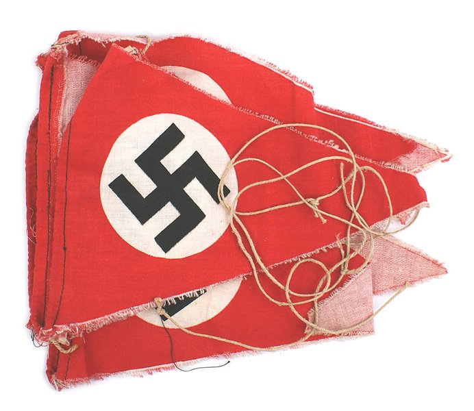 Lot of 8 German WWII NSDAP pennants: H-051 Lot of 8 printed German WWII N.S.D.A.P. 9" x 6 1/2" pennants. All attached on a string suspension. II