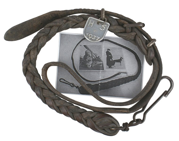 German WWII military dog handler leash: H-063 German Third Reich Era military 1937 dog handler's leash. All leather with a 13" section of twisted leather cords, an iron snap hook and adjustable strap and buckle. The attached metal shield ta